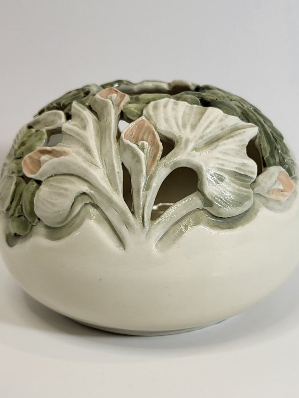 Jeanne Van Spijker Porcelain Luminary: Hand Carved Ginko Calla Lily Pottery